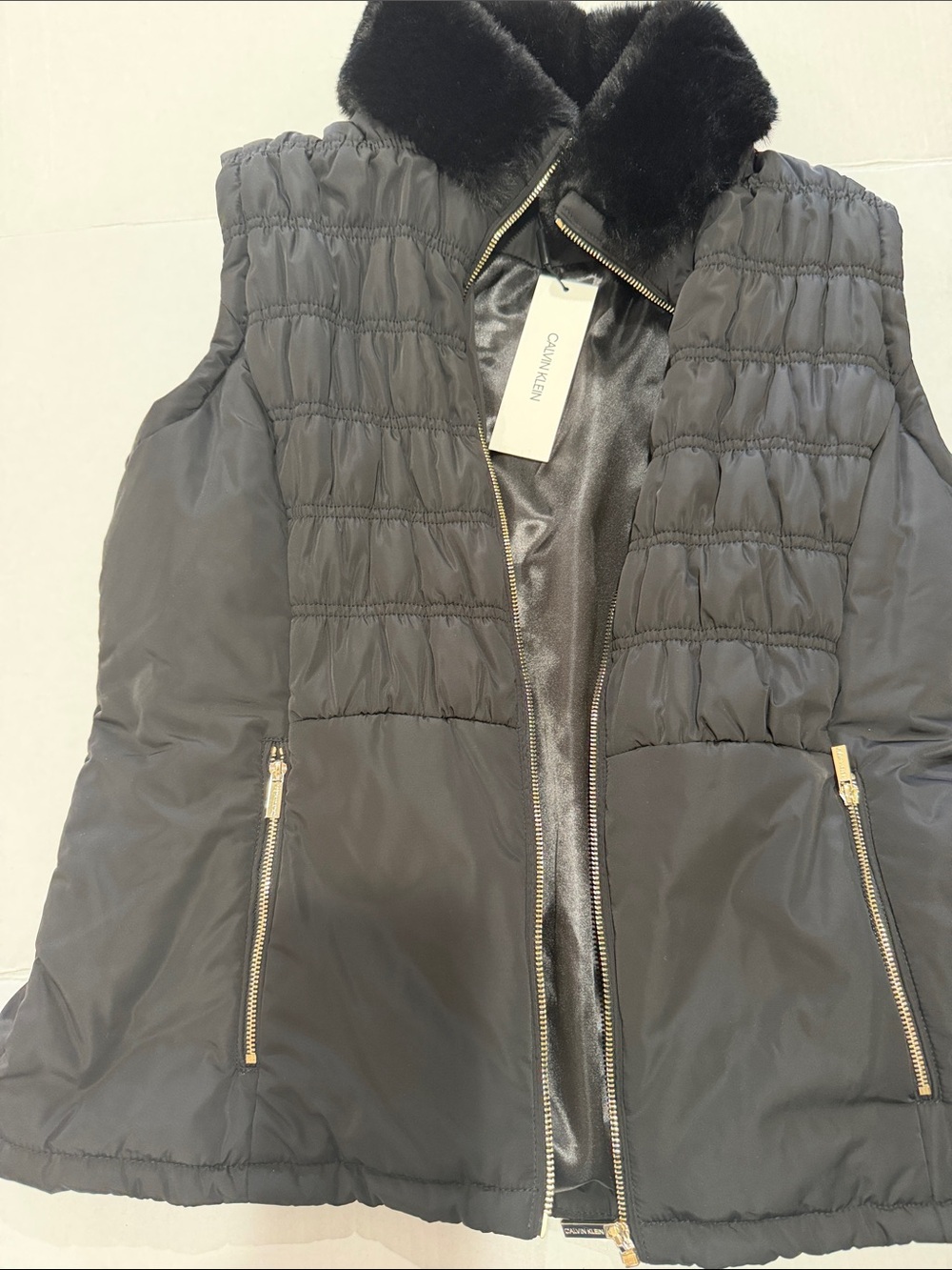 Calvin Klein Black Quilted Vest with Faux Fur Collar
